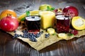 Helty drings - beverage, exotic fruit juice, choke berry juice, aronia juice, pomegranate juice, banana smoothie and ingredients Royalty Free Stock Photo