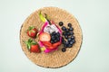 Exotic Fruit Salad Served in Half a Dragon Fruit on Tray Top View Horizontal Healthy Diet Dessert Royalty Free Stock Photo