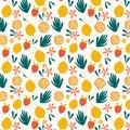 Exotic fruit seamless pattern in hand-drawn style. Fresh lemons oranges strawberries and bright flowers background. Vector