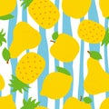 Exotic fruit seamless pattern. Sweet pineapple, pear and apple. Yellow lemon. Fashion design. Food print for dress, textile,