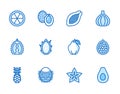 Exotic fruits, berry flat line icons set. Papaya, dragon fruit, rambutan, fig, mangosteen, avocado, starfruit vector Royalty Free Stock Photo