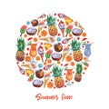 Exotic fruits circle in watercolor style on white background. Fruit food design. Pineapple composition. Fresh fruit.