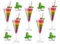 Exotic fruits cocktail pattern Vector realistic. Layers of different fruits strawberry, blueberry, kiwi, orange, cherry. ice cubes Royalty Free Stock Photo