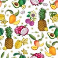 Exotic fruits frame.Avocado,carambola,mango,pitahaya,pineapple,passionfruit.Bright summer vector illustration.Seamless Royalty Free Stock Photo