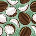 Colorful seamless pattern with coconuts, palm leaves. Decorative background, exotic fruits