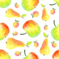 Exotic fruits illustration. Watercolor red yellow pear and apples seamless pattern isolated on white background. Fruits Royalty Free Stock Photo