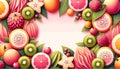 Exotic fruits like kiwi, starfruit, and lychee are artfully arranged to form a distinctive frame.