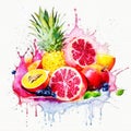 Exotic fruits - pineapple, plum, grapefruit, berries in juicy splashes. Royalty Free Stock Photo