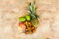 Exotic fruits on plate: mango, dragon fruit; mango; pineapple an