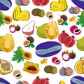 Exotic fruits seamless pattern of tropical mango and grapefruit or orange, carambola and dragon fruit, guava and longan, fi Royalty Free Stock Photo