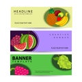 Exotic and garden fruits banners set for fruit shop or market. Banners set vector illustration