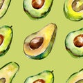 Exotic green avocado wild fruit in a watercolor style pattern. Royalty Free Stock Photo