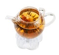 Exotic green tea with flowers in glass teapot Royalty Free Stock Photo