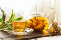 Exotic green tea with flowers in glass teapot Royalty Free Stock Photo