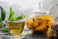 Exotic green tea with flowers in glass teapot Royalty Free Stock Photo