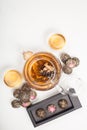 exotic green tea with flowers in glass teapot Royalty Free Stock Photo