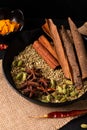 Exotic herbal Food concept Mix of the organic Spices cinnamon stick, cardamom pods, cloves, star anise and fennel seeds in slilet Royalty Free Stock Photo