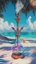 Exotic hookah on sandy tropical beach with ocean view, relaxation and leisure concept Royalty Free Stock Photo
