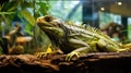 Exotic iguana exploring its terrarium home in an apartment