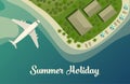 Exotic island with beach and bungalow, airplane