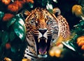 Exotic Jaguar roaring in the jungle, Illustration, Generative AI