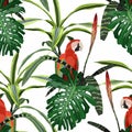 Exotic jungle plants and flowers illustration pattern with red parrot bird. Royalty Free Stock Photo