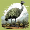 Exotic Landscape Illustration: Emu Creature Walking On Moss Royalty Free Stock Photo