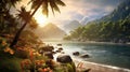 exotic landscape, palm trees mountains. Generative AI Royalty Free Stock Photo