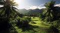 exotic landscape, palm trees mountains. Generative AI Royalty Free Stock Photo