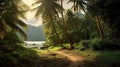 exotic landscape, palm trees mountains. Generative AI Royalty Free Stock Photo