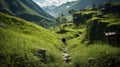 Exotic Landscapes: A Man Hiking Through A Lush Valley