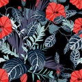 Exotic leaves,blue liana branches, hibiscus flower branch and many kinds of plants seamless pattern.