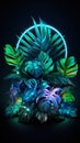 exotic leaves and flowers in neon glowing light background, colourful wallpaper