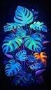 exotic leaves and flowers in neon glowing light background, colourful wallpaper