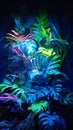 exotic leaves and flowers in neon glowing light background, colourful wallpaper