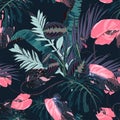 Exotic leaves, pink liana branches, bananas and many kinds of plant seamless pattern.