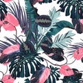 Exotic leaves, pink liana branches, bananas and many kinds of plant seamless pattern.