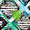 Exotic leaves summer funky seamless pattern. Royalty Free Stock Photo