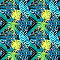 Exotic leaves summer funky seamless pattern. Royalty Free Stock Photo