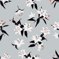 Exotic lilies grey seamless vector print