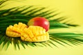 Exotic mango fruit over tropical green palm leaves on yellow background. Copy space. Pop art design, creative summer Royalty Free Stock Photo