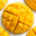 Exotic mango fruit section with geometric pattern and vibrant color on white background Royalty Free Stock Photo