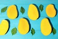 Exotic mango tropical fruit cutted on blue background Royalty Free Stock Photo