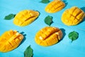 Exotic mango tropical fruit cutted on blue background Royalty Free Stock Photo