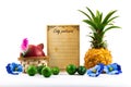 Exotic motive, fruits, place for text, photo on white isolated background