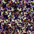 Exotic multicoloured boho floral camouflage scatter print. Seamless autumnal dark ground detailed repeat pattern.