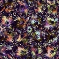 Exotic multicoloured boho floral camouflage scatter print. Seamless autumnal dark ground detailed repeat pattern.