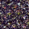 Exotic multicoloured boho floral camouflage scatter print. Seamless autumnal dark ground detailed repeat pattern.