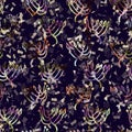 Exotic multicoloured boho floral camouflage scatter print. Seamless autumnal dark ground detailed repeat pattern.