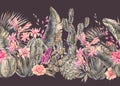 Exotic natural vintage watercolor blooming cactus seamless borde Royalty Free Stock Photo